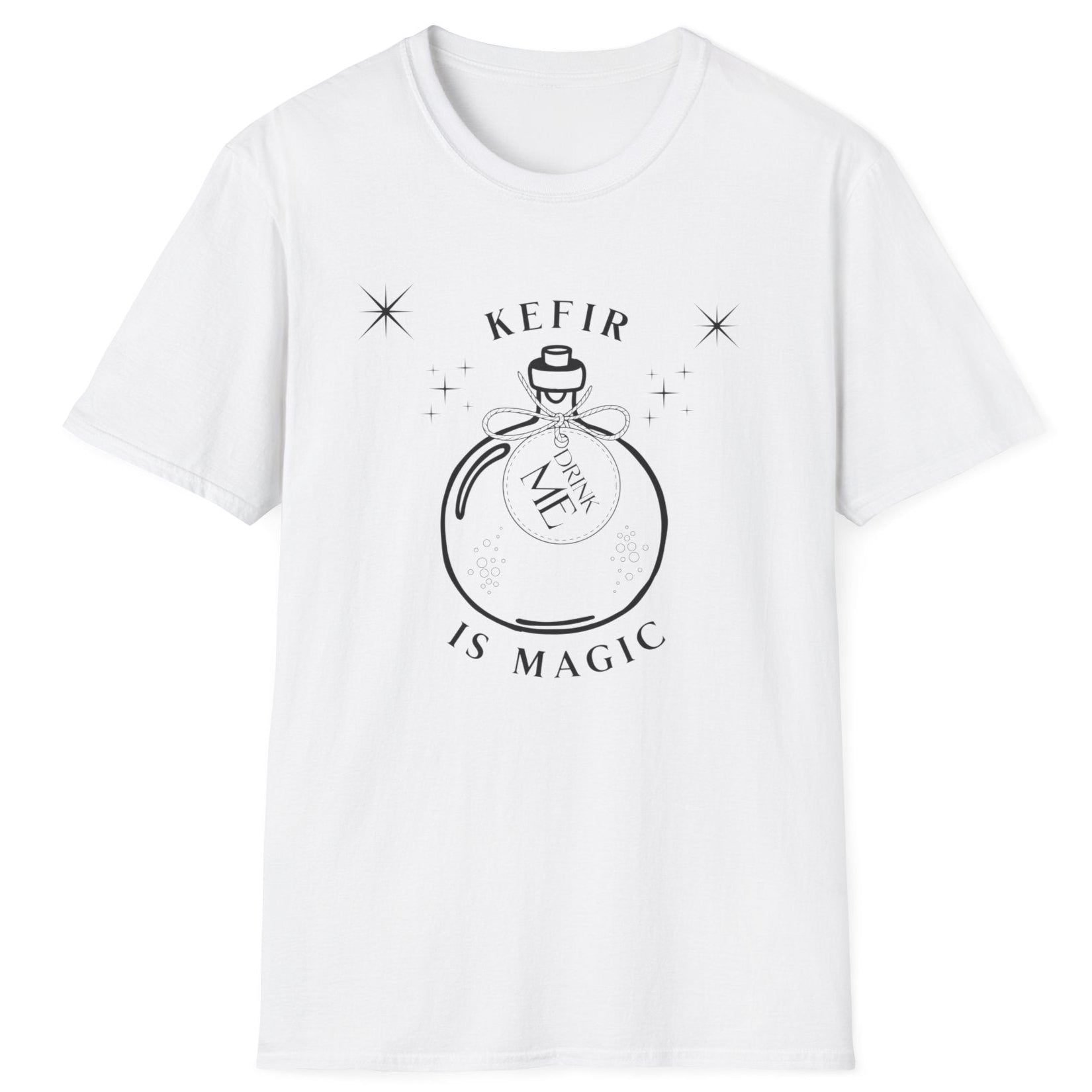 white cotton t-shirt with 'Kefir is Magic' graphic design featuring a magic potion bottle with a label saying 'drink me'