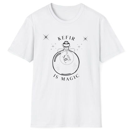 white cotton t-shirt with 'Kefir is Magic' graphic design featuring a magic potion bottle with a label saying 'drink me'