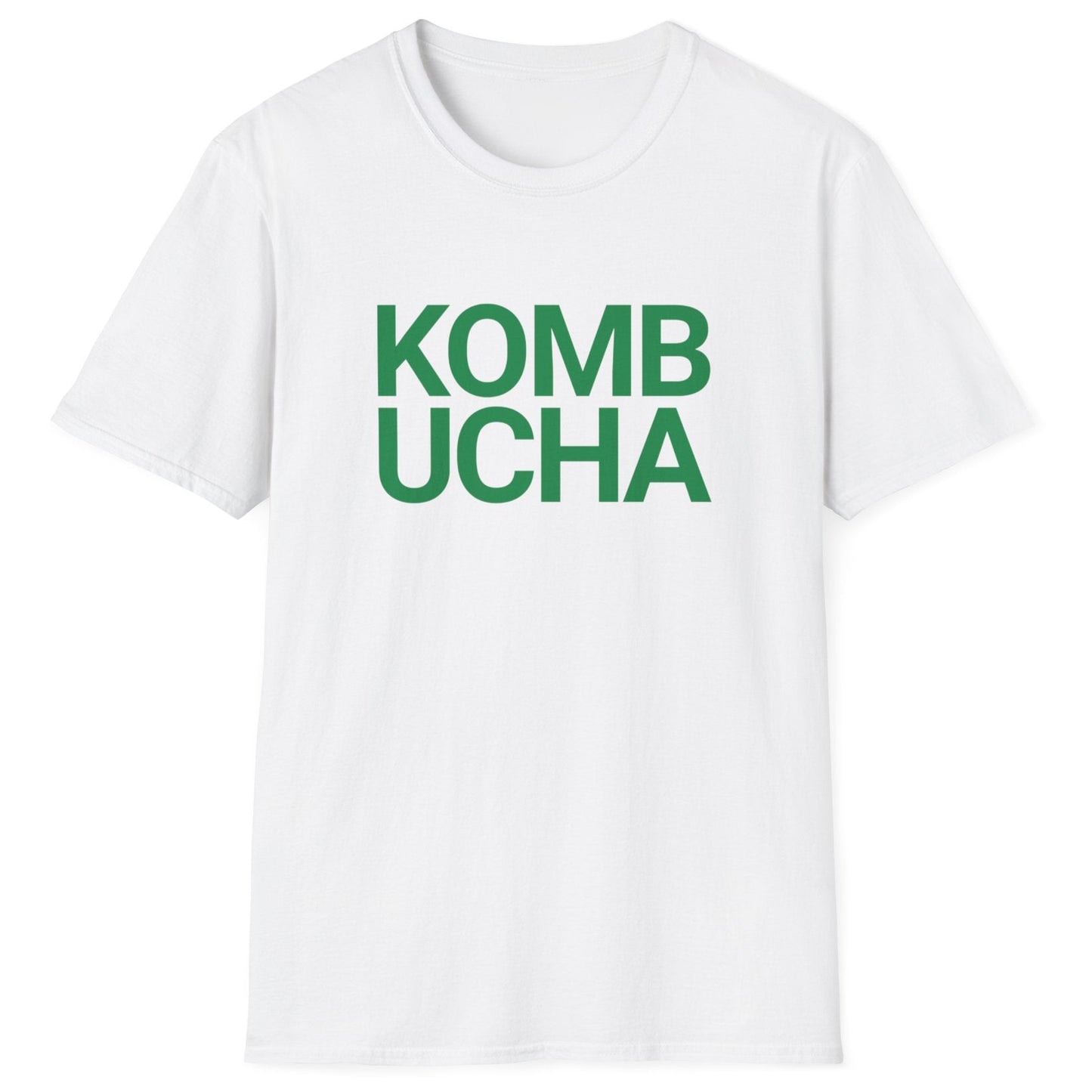 white fermentation t-shirt with green 'KOMBUCHA' text in modern bold typography