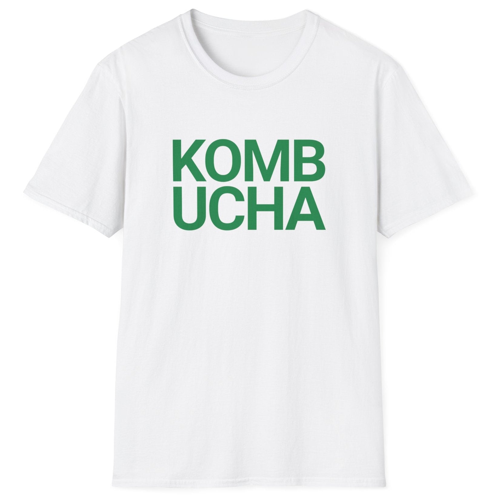 white fermentation t-shirt with green 'KOMBUCHA' text in modern bold typography