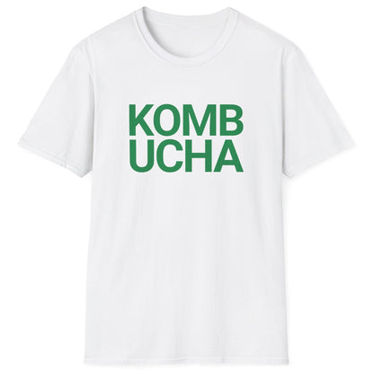 white fermentation t-shirt with green 'KOMBUCHA' text in modern bold typography