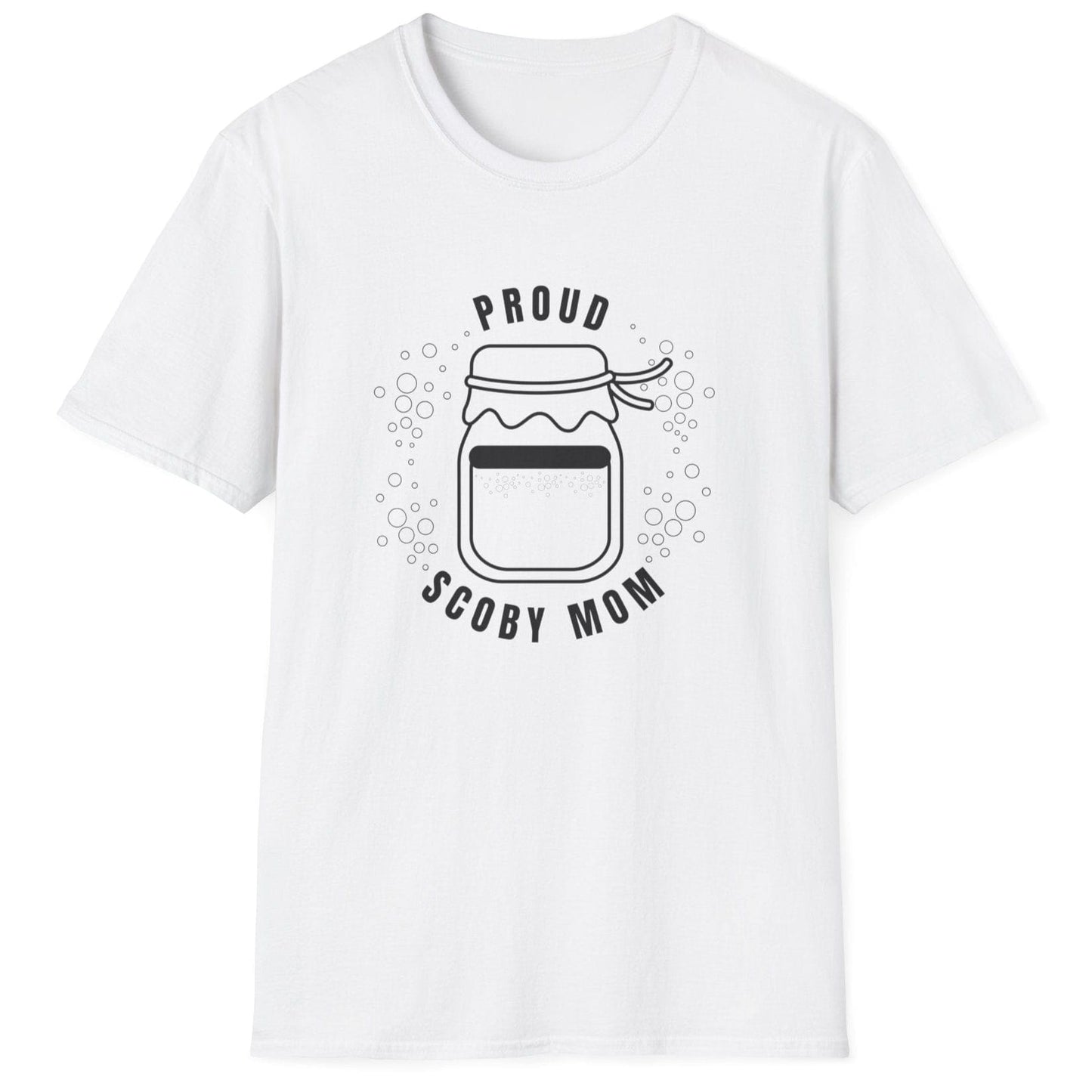 Proud SCOBY Mom T-shirt - black design on a white T-Shirt, unisex cotton tee for kombucha brewers and fermentation enthusiasts