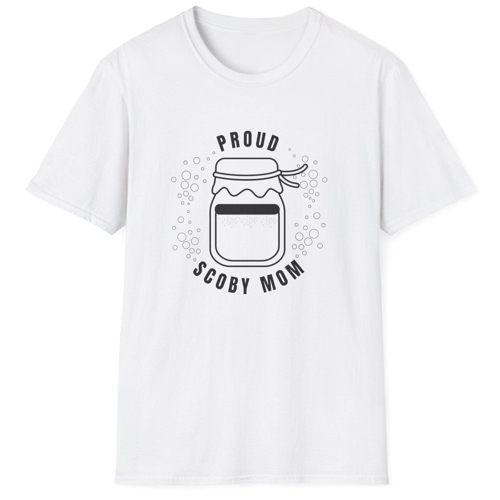 Proud SCOBY Mom T-shirt - black design on a white T-Shirt, unisex cotton tee for kombucha brewers and fermentation enthusiasts