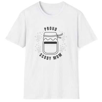 Proud SCOBY Mom T-shirt - black design on a white T-Shirt, unisex cotton tee for kombucha brewers and fermentation enthusiasts